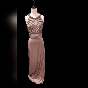 Calvin Klein Champagne Beaded Halter Dress